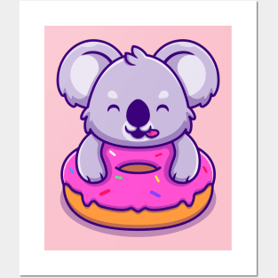 Cute Koala Holding Doughnut Cartoon Posters and Art